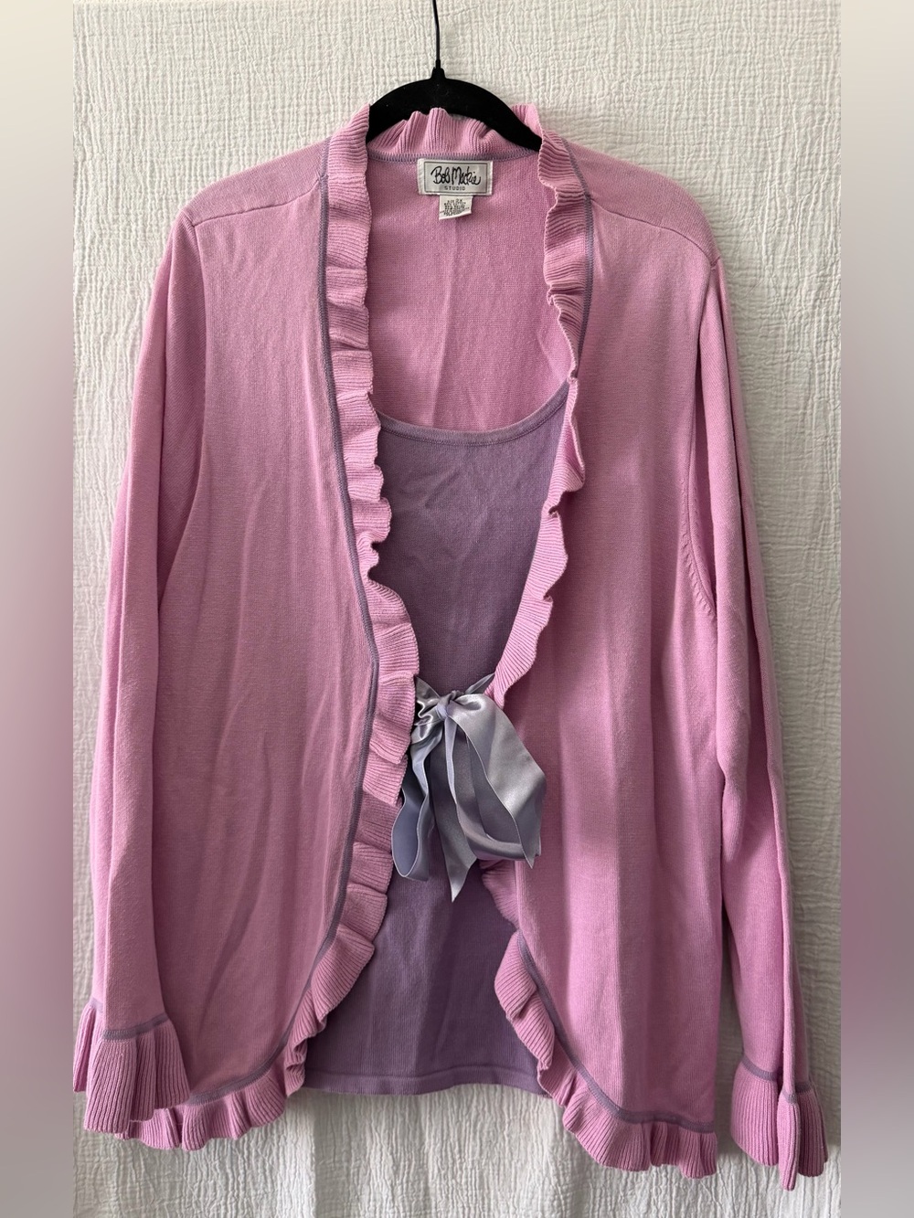 Bob Mackie Pink Ruffle Tie-Front Cardigan with Satin Bow